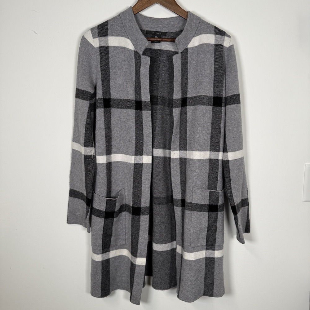 Women's Tahari Cardigan Windowpane Long Sleeve Mid-length Grey Black White Med
